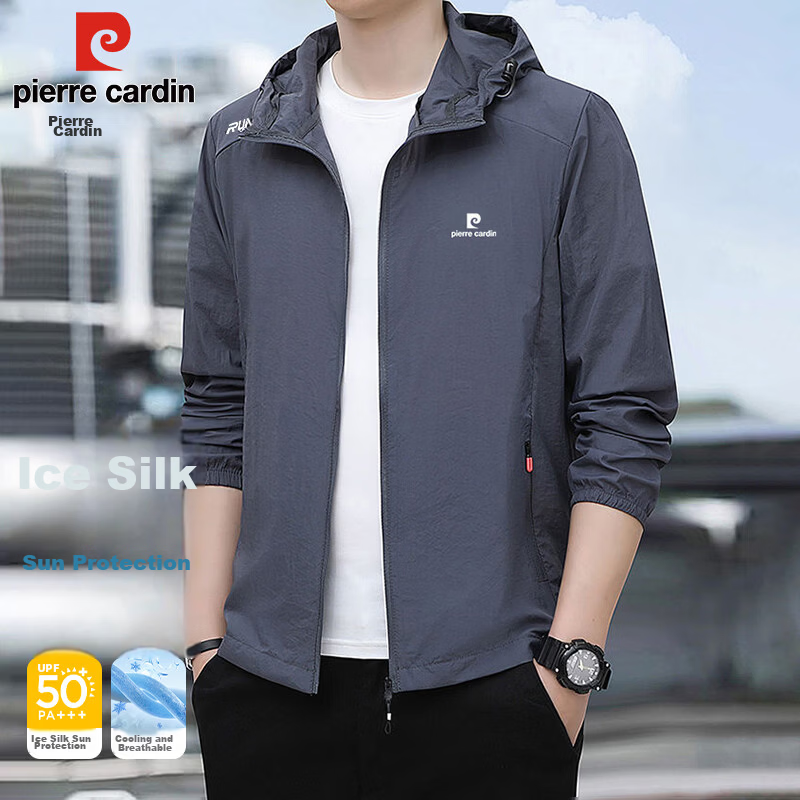 Pierre Cardin Sun Protection Jacket for Men, Summer Ice Silk Breathable Coat, UV-Resistant Quick-Dry Skin-Friendly Outerwear, Men's Clothing, Dark Gray, Size M