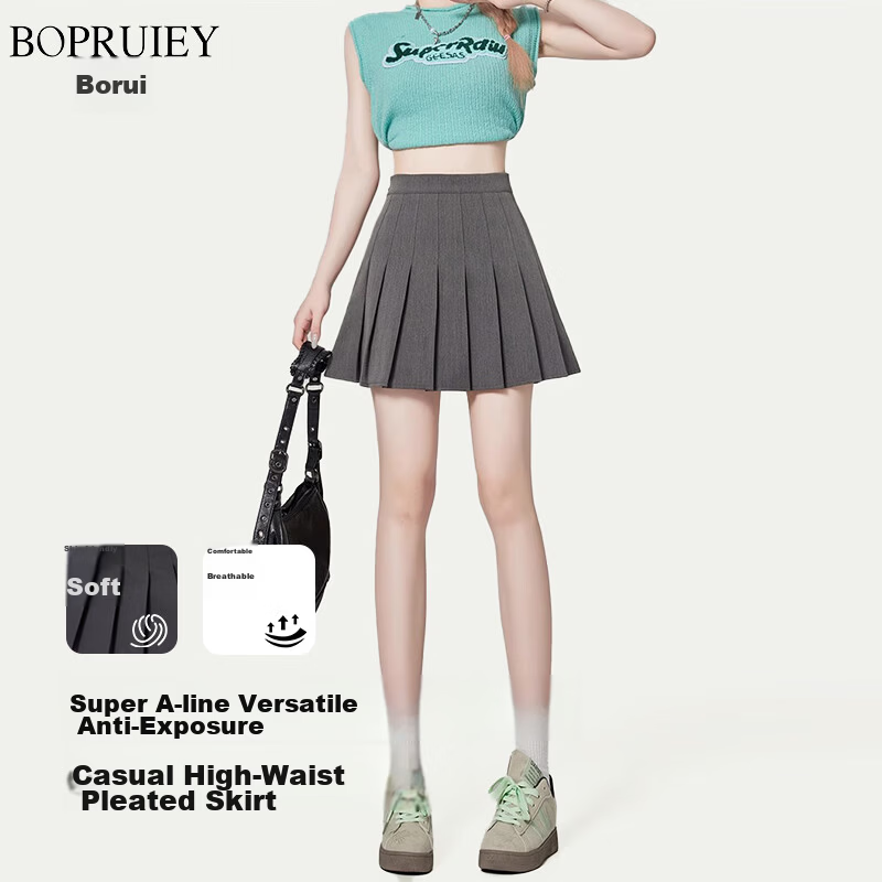 Borui Women's Pleated Skirt Spring Summer 2026 New High-Waist Slim A-Line Short Skirt with Lining JK Skirt