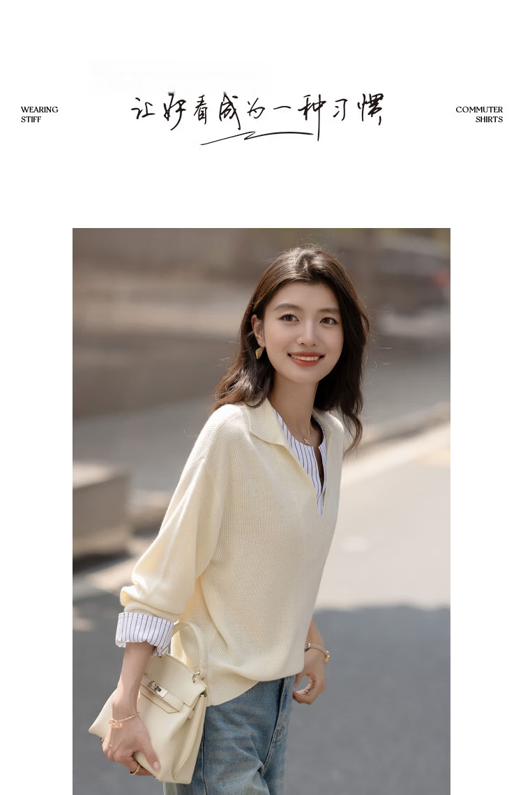 Demana【Sheep Wool and Mulberry Silk Blend】Spring Minimalist Patchwork Striped Polo Neck Knit Sweater for Women 10