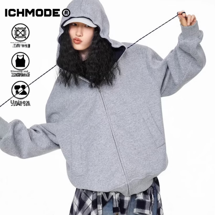 ICH MODE Women's Hoodie American Vintage Loose Fit Zip-up Sweatshirt Spring Autumn New Light Heather Gray L