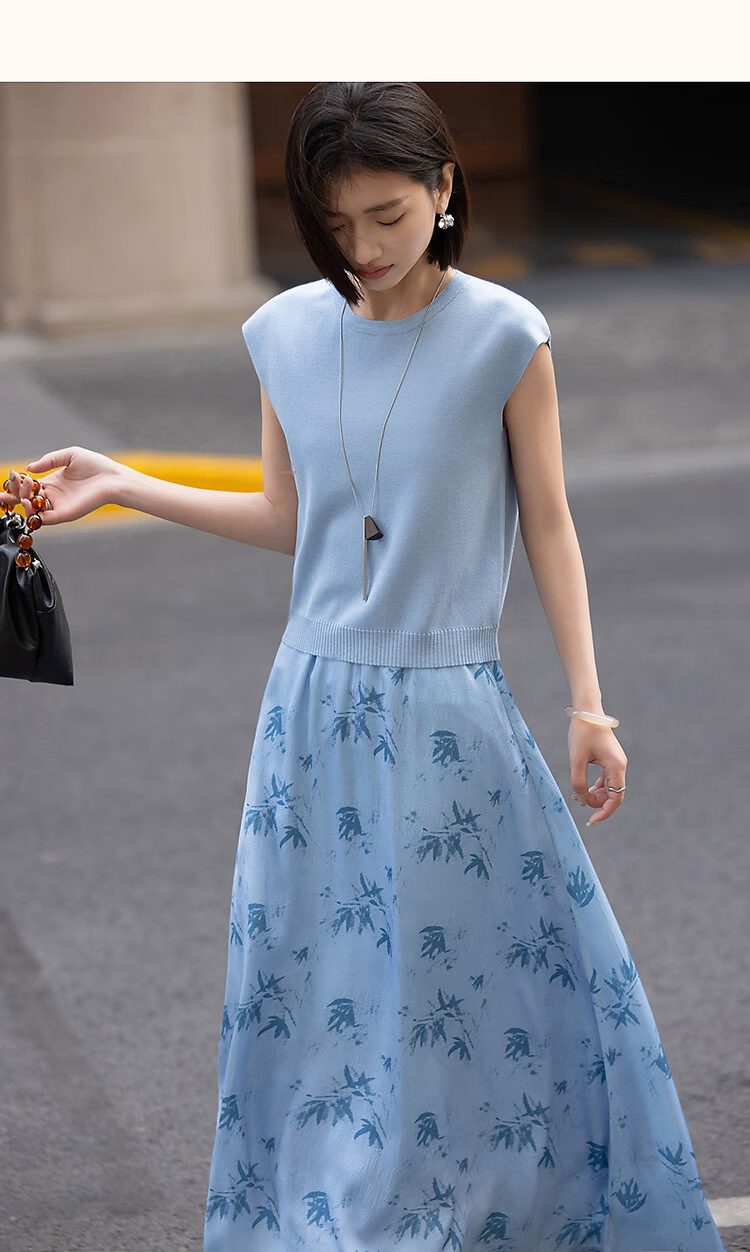 Demana [Guofeng Ice Silk Set] Spring Summer Elegant New Chinese Style Sleeveless Top Printed A-line Skirt Women's Two-piece Set 18