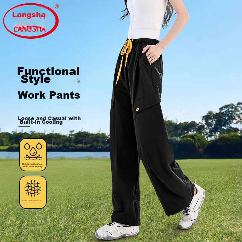 Langsha Women's Wide-Leg Cargo Pants 2026 Summer Thin Fashion Loose Breathable Casual Sports Straight-Leg Jogger Hiking Pants