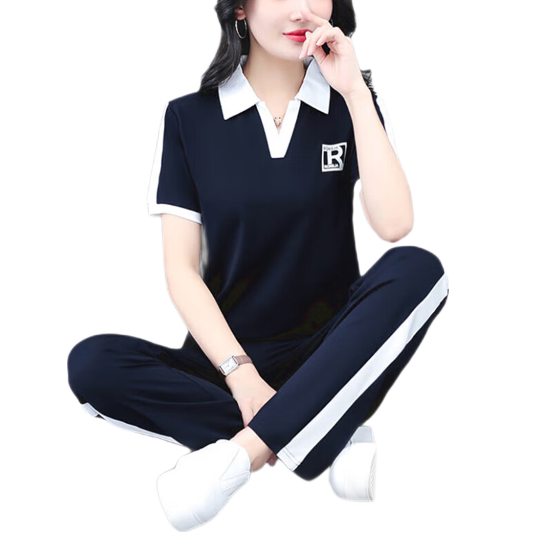 Woodpecker Ice Silk Women's Sports Set Summer Plus Size Fashion Casual Versatile Middle-aged Mom Two-piece Set Royal Blue M