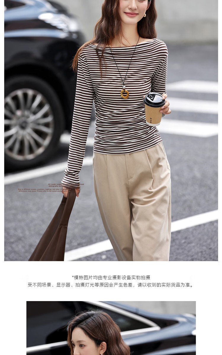 Vimly French Vintage Striped T-Shirt Women Autumn Winter Slim Fit Long Sleeve Top White Navy Stripes M 6