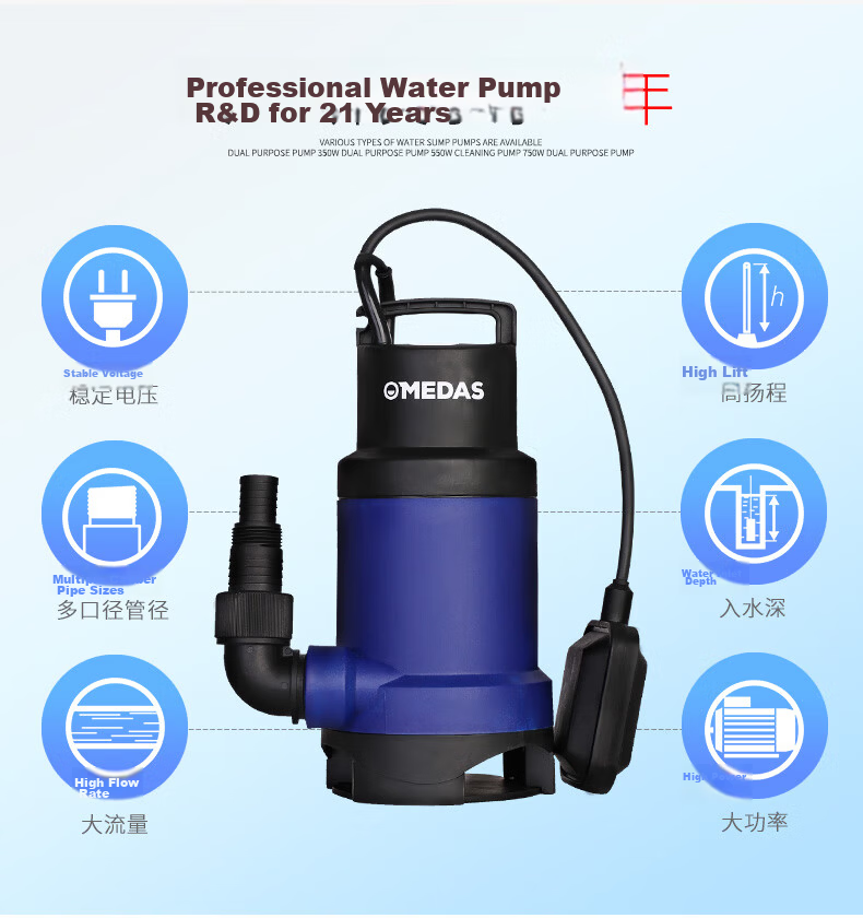 Medas Automatic Dual-Use Sewage and Clean Water Pump 220V High Lift High Flow Submersible Pump for Home and Rural Irrigation 15