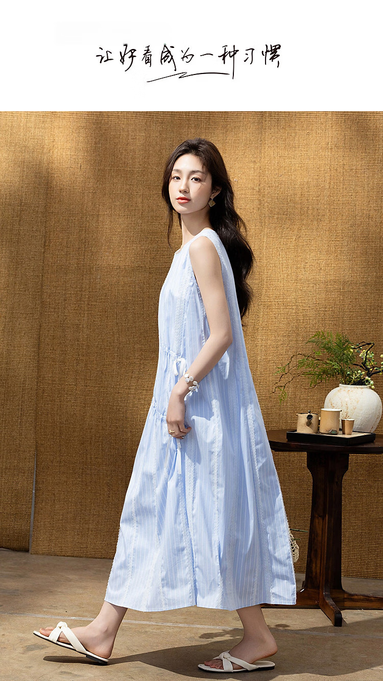 Demana [Cloud Oxygen Cotton] Summer Sweet Girl Striped Embroidered Drawstring Loose Slim Dress Women High-End Feel 1