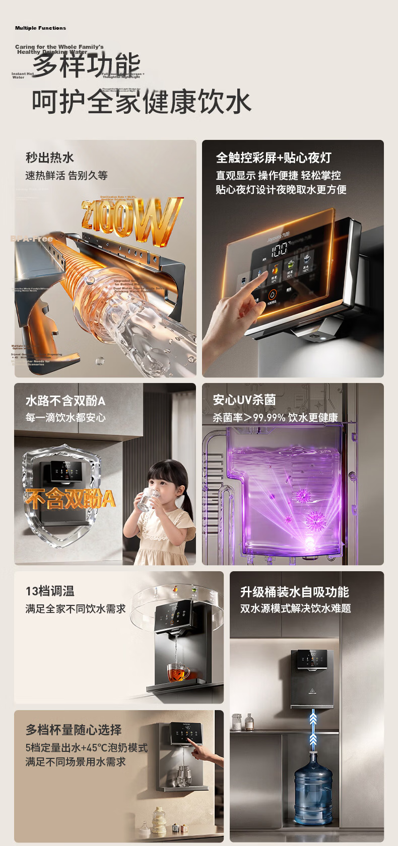 Joyoung High-End Home Wall-Mounted Pipeline Water Dispenser Full Flow 13-Level Temperature Control Self-Cleaning Rapid Heating Water Purifier JYW-AG3720 3