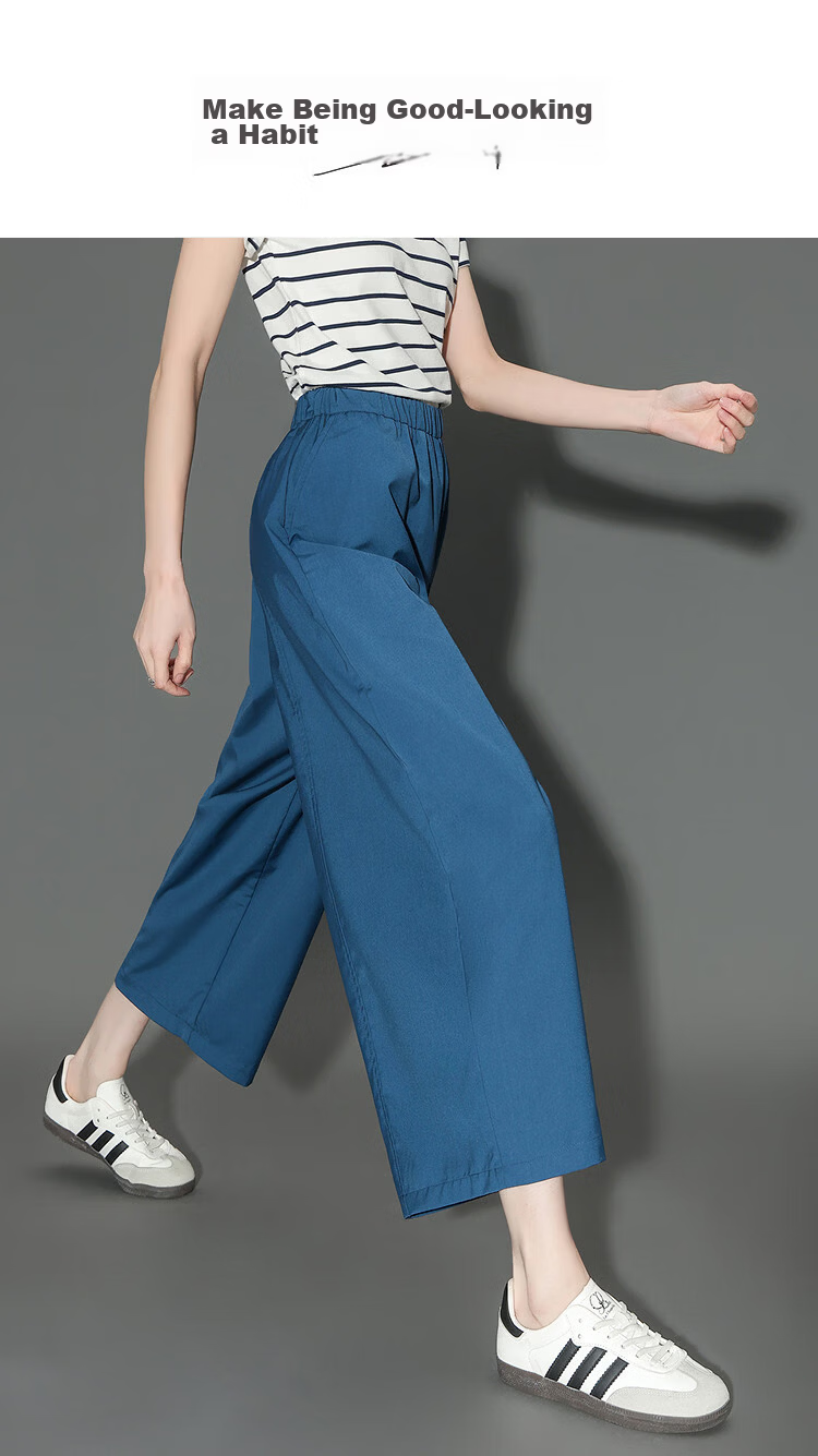 Demana Summer Cropped Pants Elastic Waist Pleated Loose Slim Wide-Leg Casual Pants for Women 1