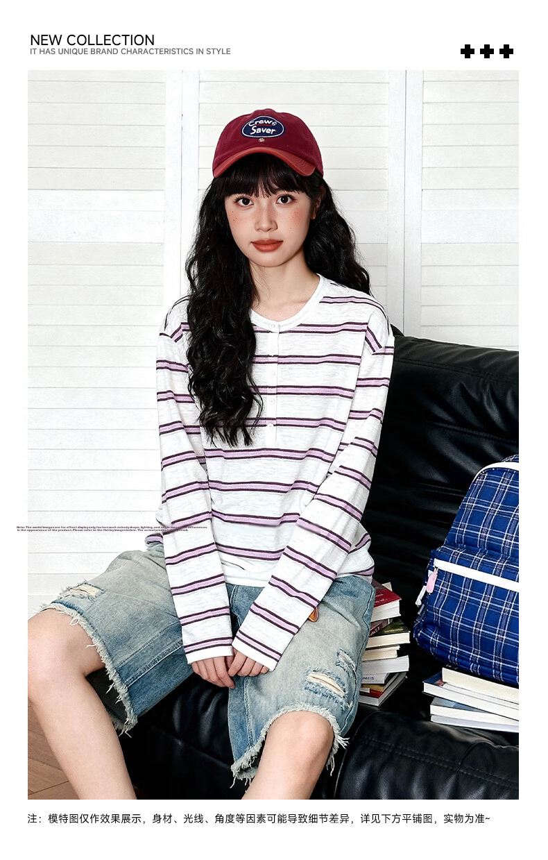 TonLion Women's Long Sleeve Striped Henry Collar T-Shirt Small Fit Spring Summer New Top 2