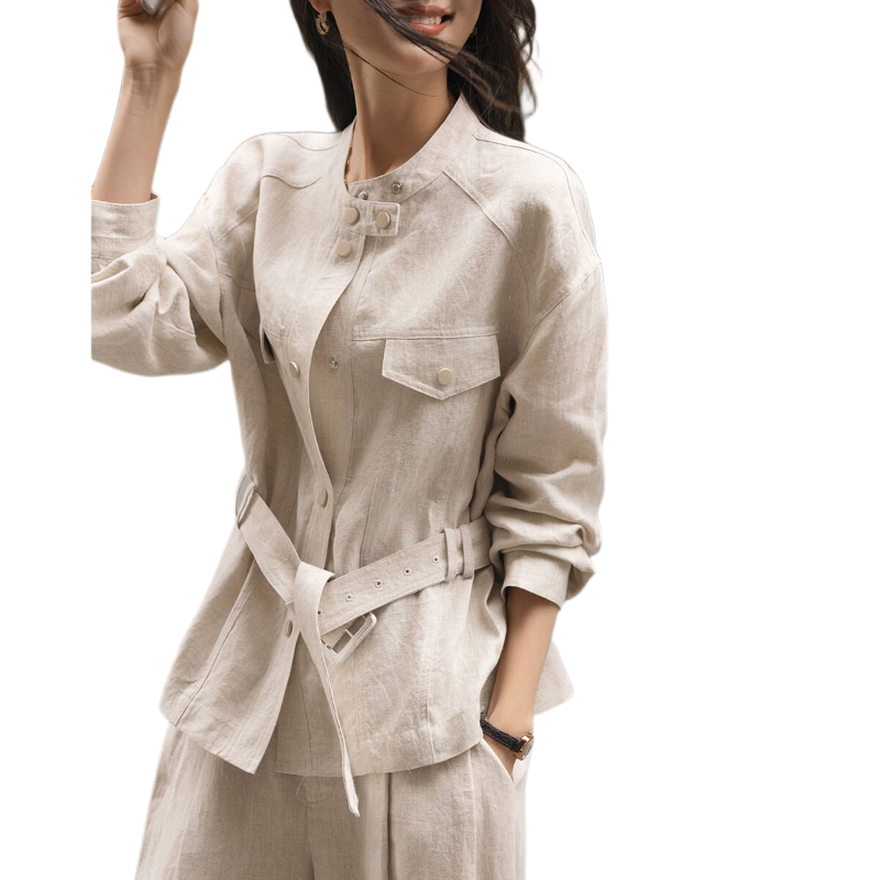 Demana [100% Linen] Spring Moray Series Stand Collar Flap Pocket Adjustable Belt Drop Shoulder Petite Women's Jacket