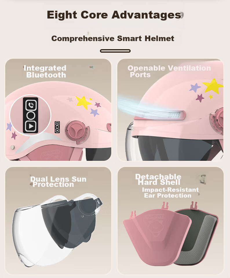 Yundianwei Women's Electric Bicycle Helmet, 3C Certified, Scooter Safety Helmet, Couple And Parent Lightweight Motorcycle Half Helmet for All Seasons, Smart Bluetooth Dual Visor Model, Kabbi Pink, Large Size L 2