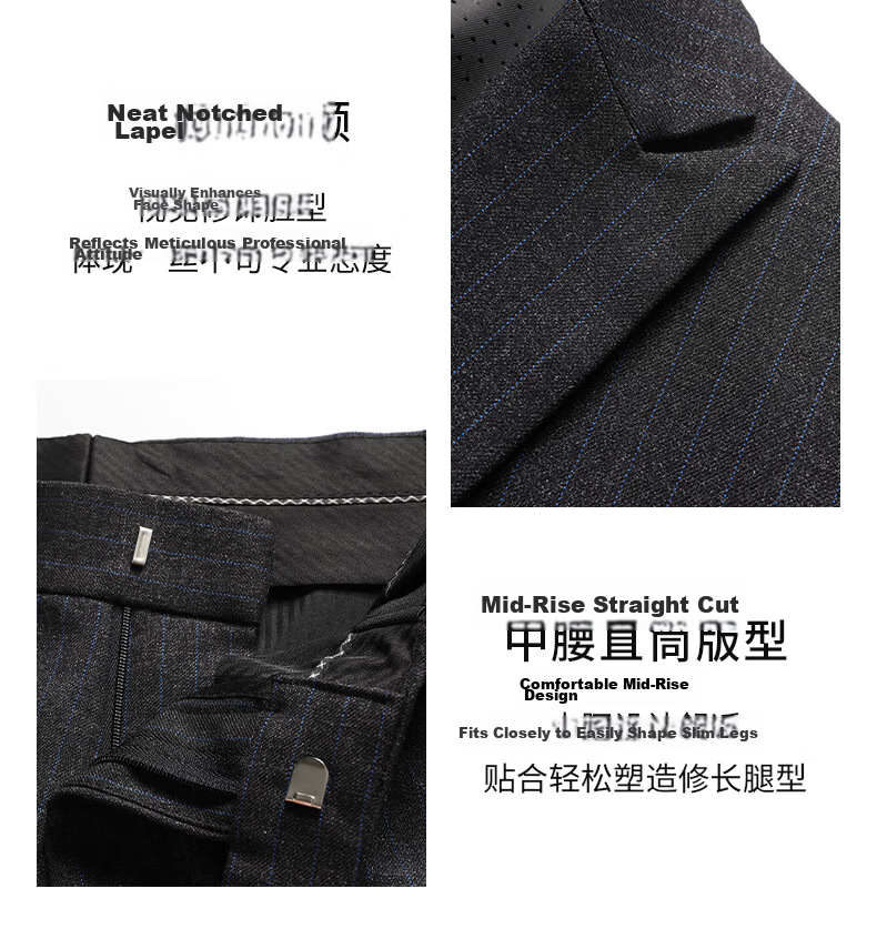 Shanshan Men's Slim Fit Business Formal Suit Set Striped Casual Groom Wedding Attire 2