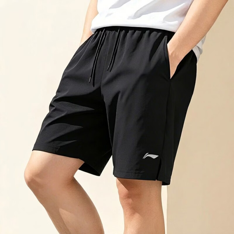 LI-NING Men's Summer Breathable Ice Silk Sports Shorts Black Casual Loose Fit Five-Point Pants for Fitness Running 7