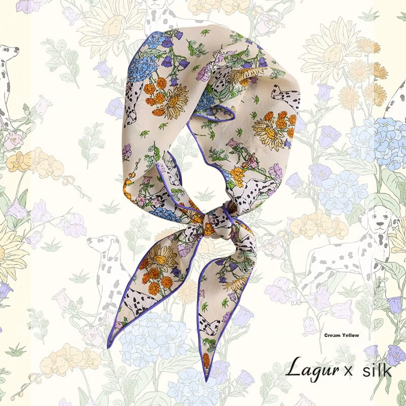 Lagur "French Wonderland" 100% Mulberry Silk Small Scarf 12 Momme Silk Triangle Neck Scarf Spring Autumn Cream Yellow