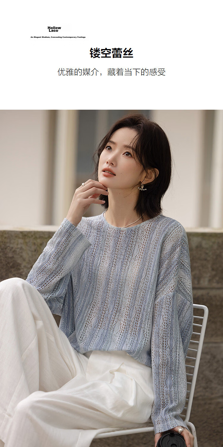 Demana [Cloud Soft Cotton Blend] Spring Lightweight Crew Neck Hollow Lace Printed Loose Fit Petite Women's Shirt 7