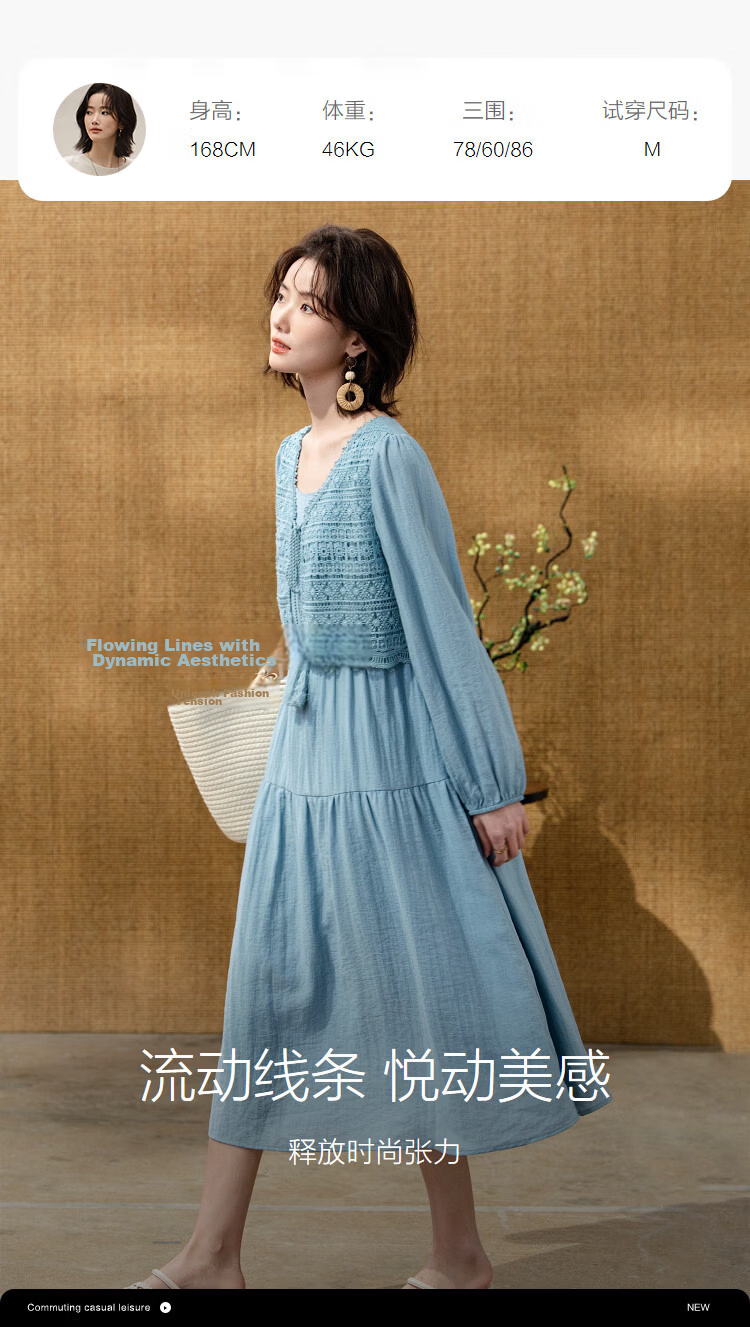 Demana Linen-Viscose Blend Tea Break Dress Spring Elegant Faux Two-Piece Lace Hollow Tower A-Line Women's Dress 9