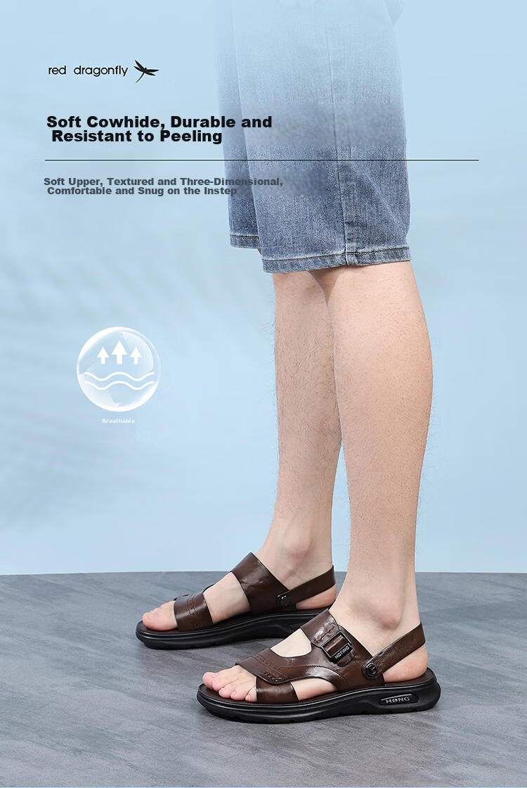 Red Dragonfly Men's Leather Fashion Casual Sandals Lightweight Soft Sole Dual-Wear Driving Beach Shoes WTT261141 Black Size 43 4