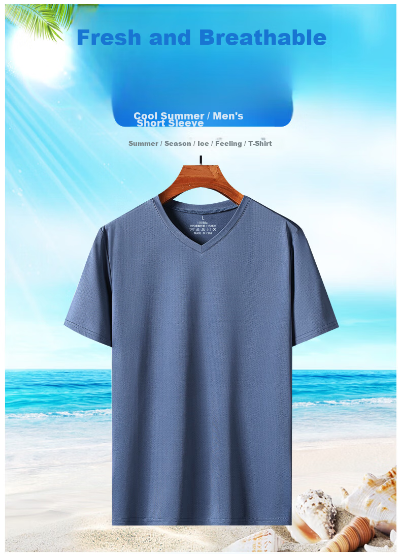ROMON Heavyweight Outdoor Short Sleeve T-Shirt Men Summer Lightweight V-Neck Ice Silk Quick-Dry Air Conditioning Cooling Stretch Loose Base Shirt 1