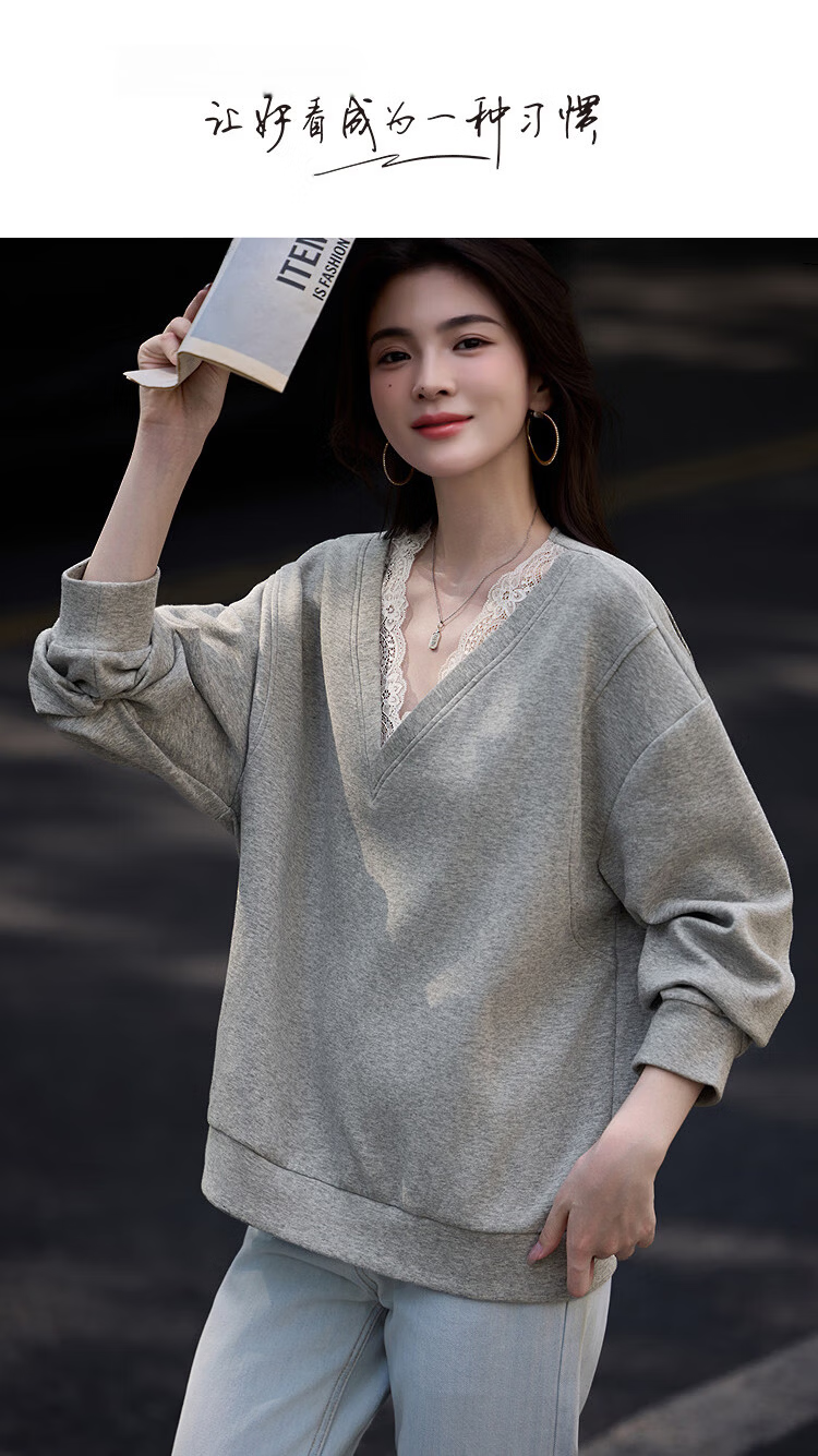 Dme 【Q】Spring Korean Style Lace Splice V-Neck Drop Shoulder Long Sleeve Petite Sweatshirt for Women 1