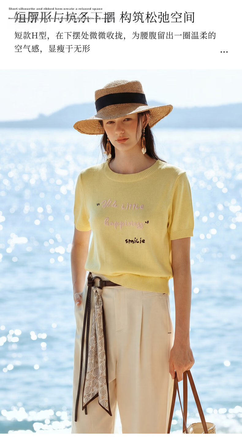 Olrain Summer New Short 3D Letter Embroidered Crew Neck Short Sleeve Knit Top for Women Yellow S 3