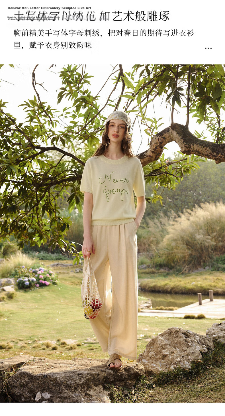 Olrain Eurielle Summer New Women's Lazy Bamboo Slub Yarn Knit Loose Versatile Thin Pullover Light Yellow M 3