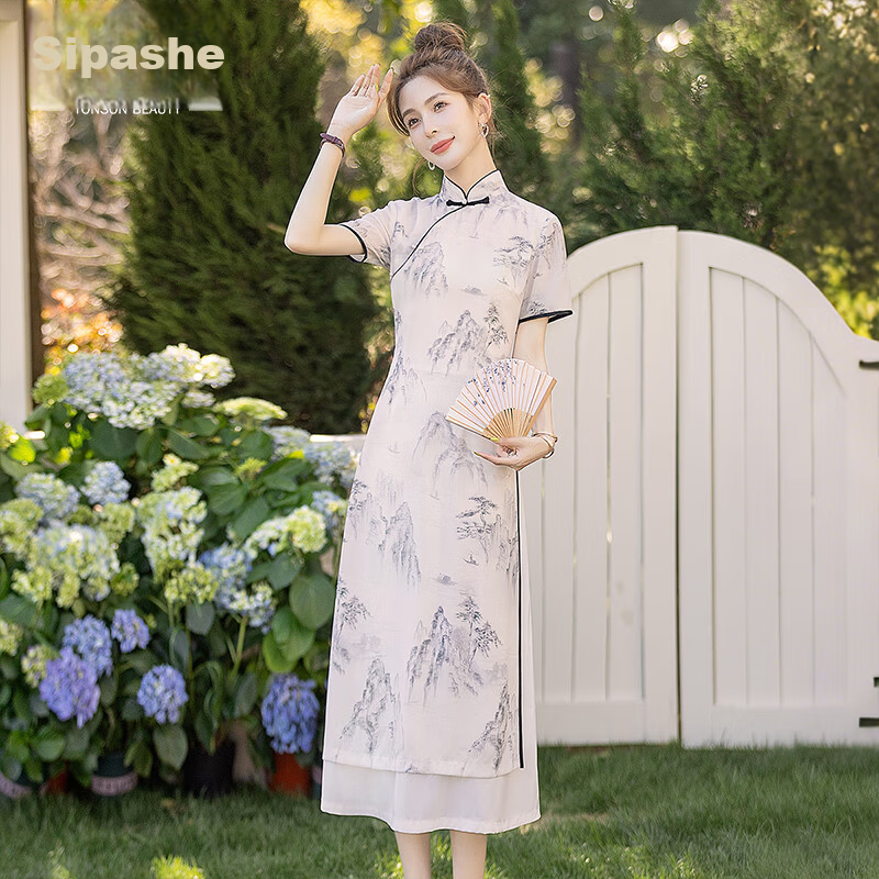 Cypress Vintage Qipao 2026 Summer New Slim Fit Stand Collar Mid-Length Short Sleeve Dress for Women