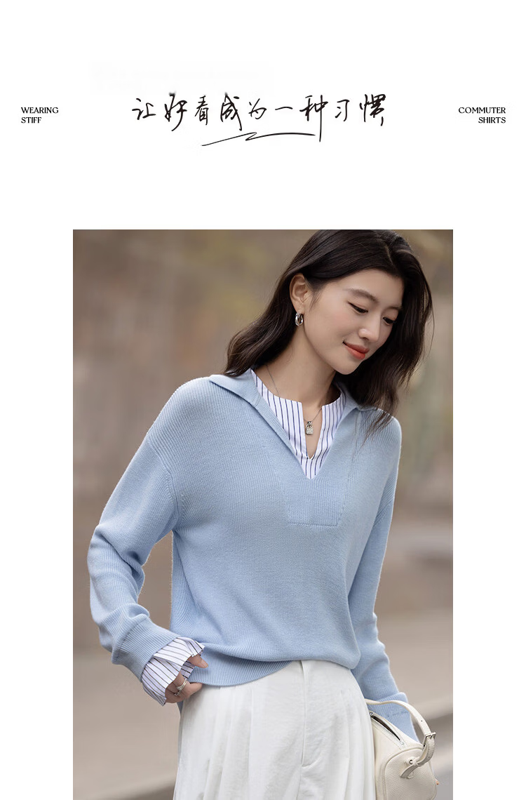 Demana【Sheep Wool and Mulberry Silk Blend】Spring Minimalist Patchwork Striped Polo Neck Knit Sweater for Women 13