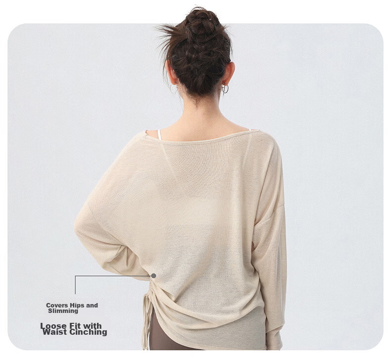 Langsha Loose Yoga Shirt Women V-Neck Tie Lazy Style Side Drawstring Running Sports Long Sleeve Fitness Top 4