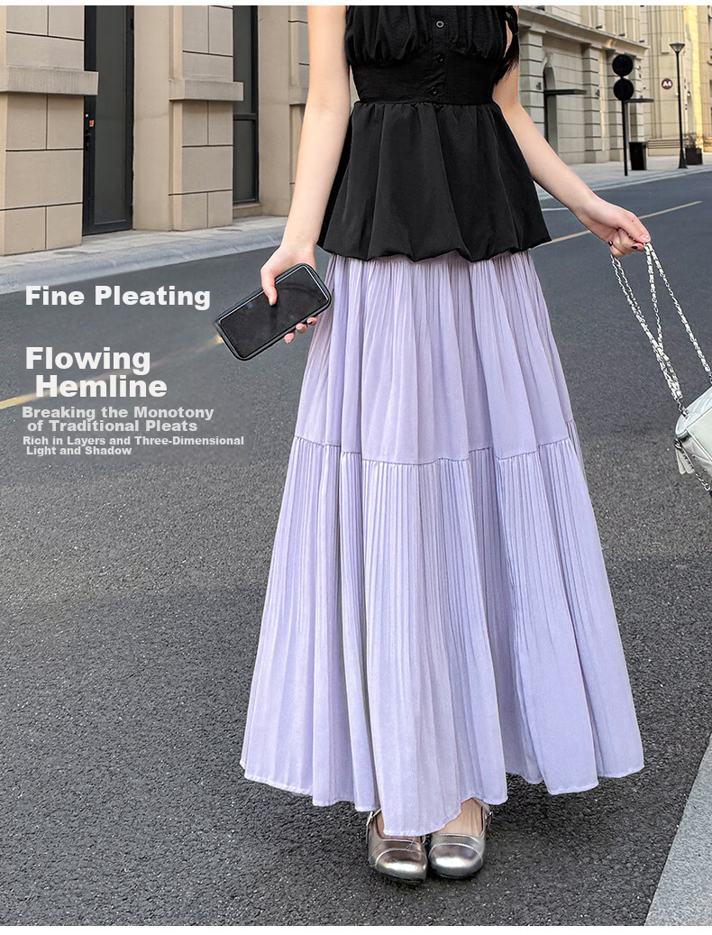 Langsha Pleated Mesh Midi Skirt for Women Spring Summer Draped Chiffon Cake Skirt High Waist Slim A-Line Flared Skirt 16