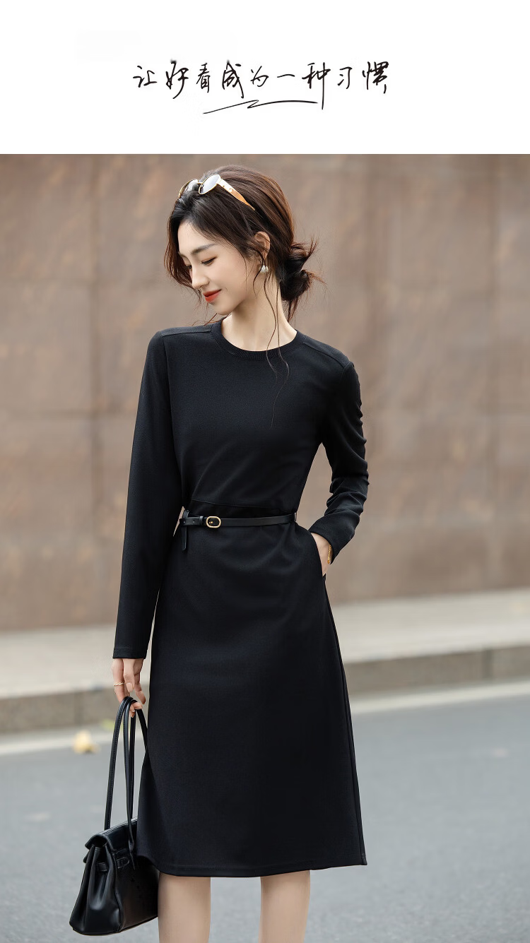 Demana Women's Spring Commuter Round Neck Belted Sweatshirt Dress Straight Cut Petite Dress 1