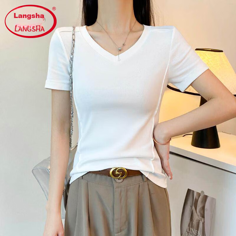 Langsha Women's Summer Short Sleeve V-Neck Slim Fit Modal Basic Top
