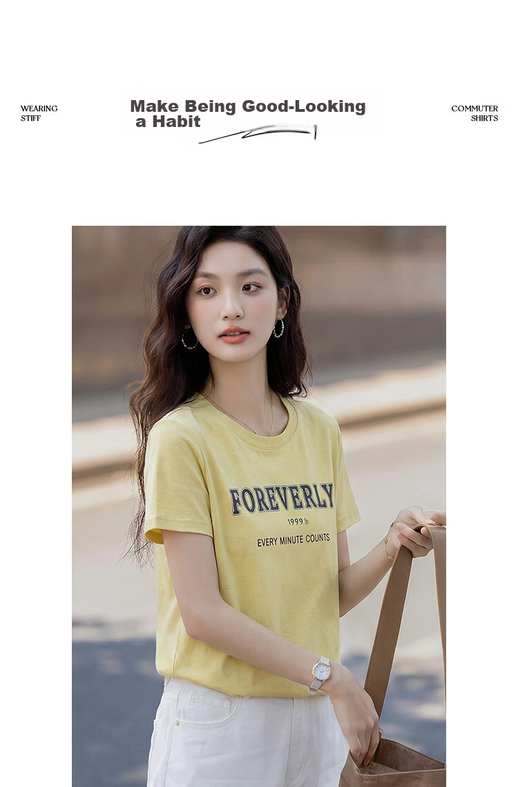 Demana [with Lyocell Cotton] Summer Simple Style Colorblock Letter Print Crew Neck Short Sleeve Comfortable Slim Fit Women's T-Shirt 13