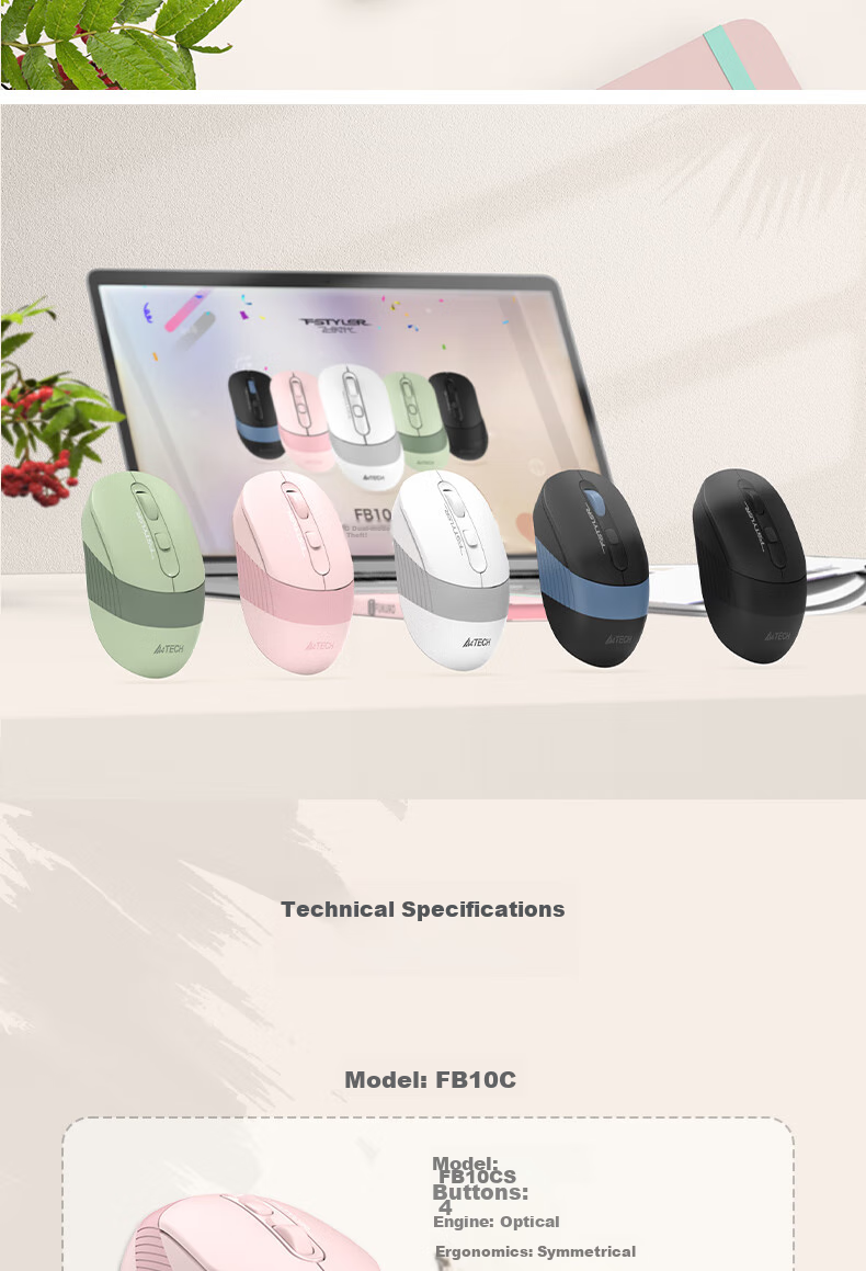 A4TECH FB35CS, Right-Handed, Bluetooth Mouse, Wireless Rechargeable Office Mouse, Fei Shidai Silent Mouse, Silver Gray White, Bluetooth/wireless 13