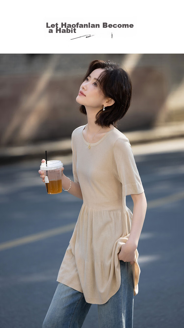 Demana Shiny Daily Summer Fashion Shiny Yarn Round Neck Ruffle Hem Loose Slimming Knit Sweater for Women High-End Feel 1