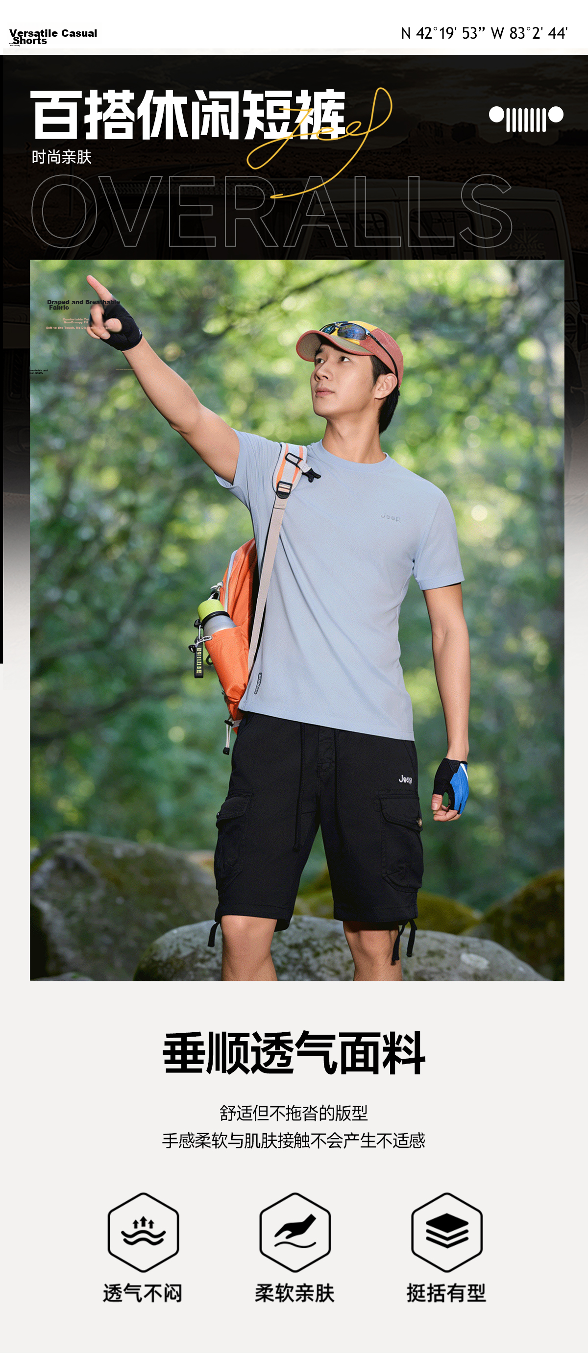 JEEP Men's Shorts Spring Summer 2026 New Straight Loose Breathable Casual Five-Point Thin Pants 2