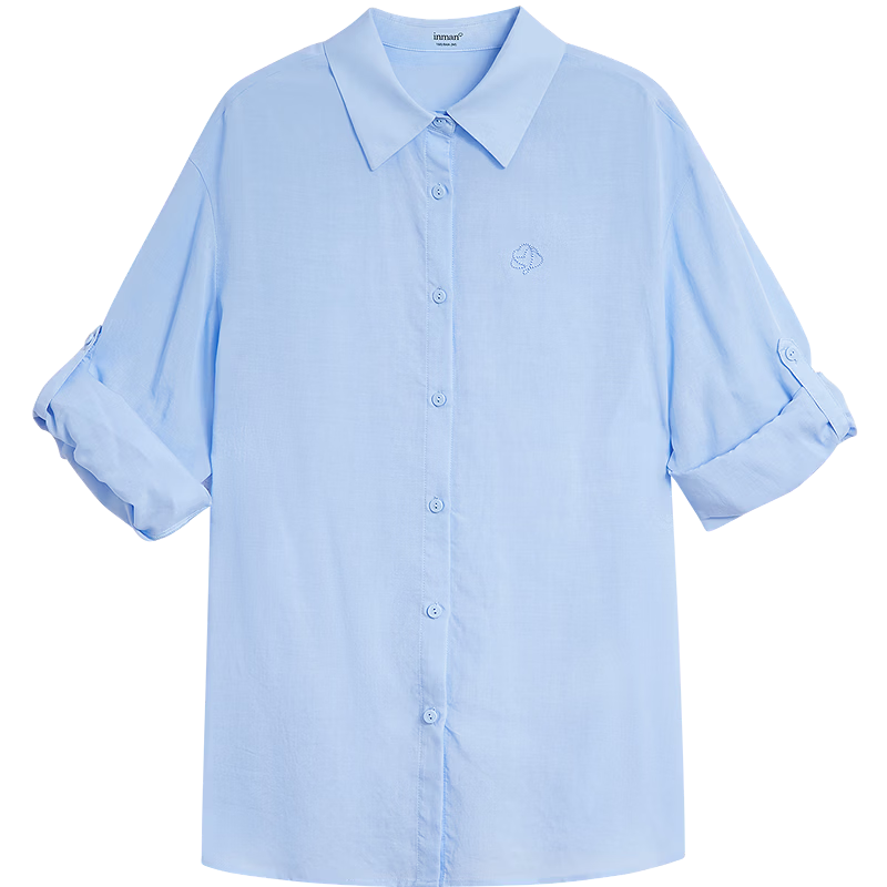 INMAN Linen Blend Simple Turn-up Cuff Shirt 2026 Summer New Women's Long Sleeve Glacier Blue M