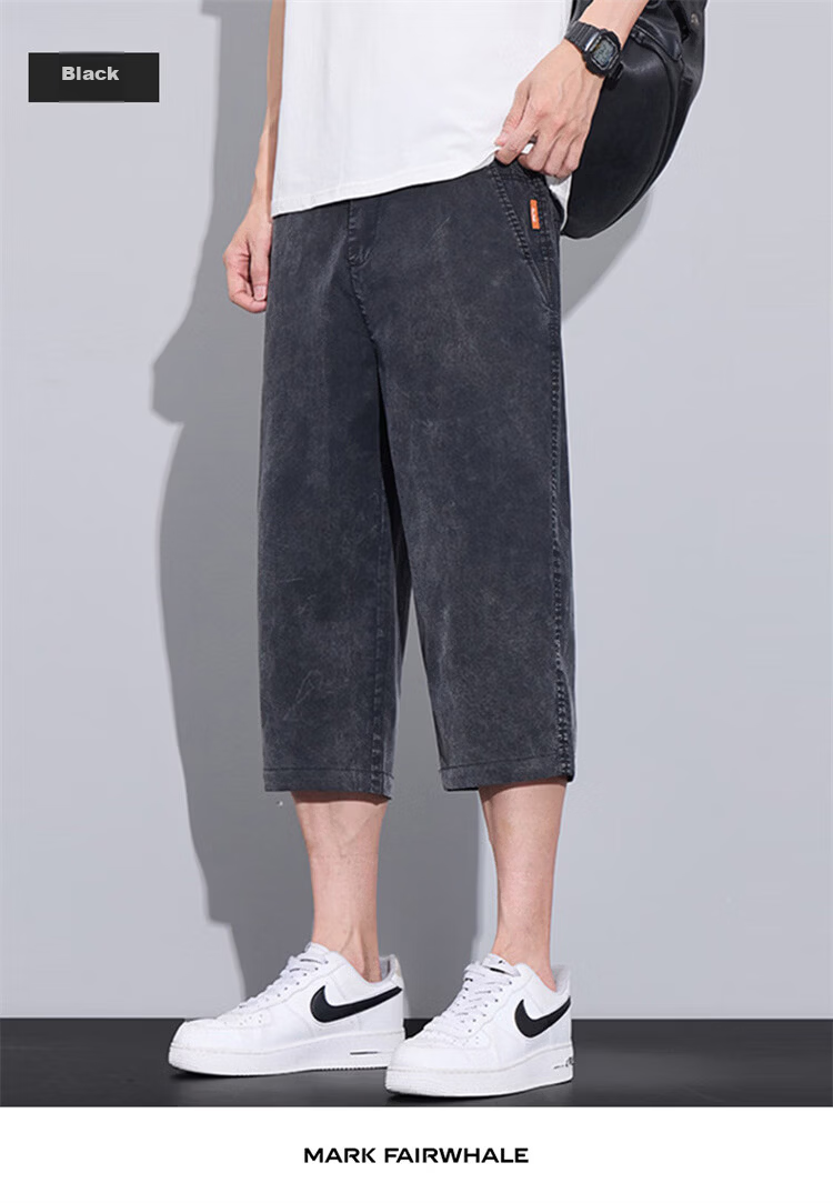 MARK FAIRWHALE Men's Denim Shorts, Summer Straight-Leg Ice Silk Pants, Trendy Seven-Point Casual Trousers for Men, Black, Size 31 17