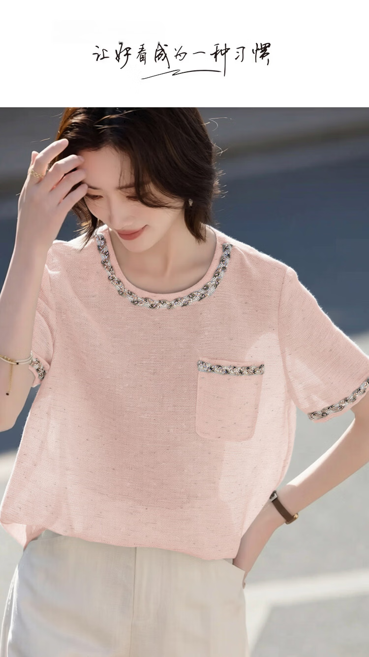 Demana [French Heiress] Summer Little Coco Style Ribbon Round Neck Short Sleeve Loose Slim Fit Petite Shirt for Women High-End Feel 1