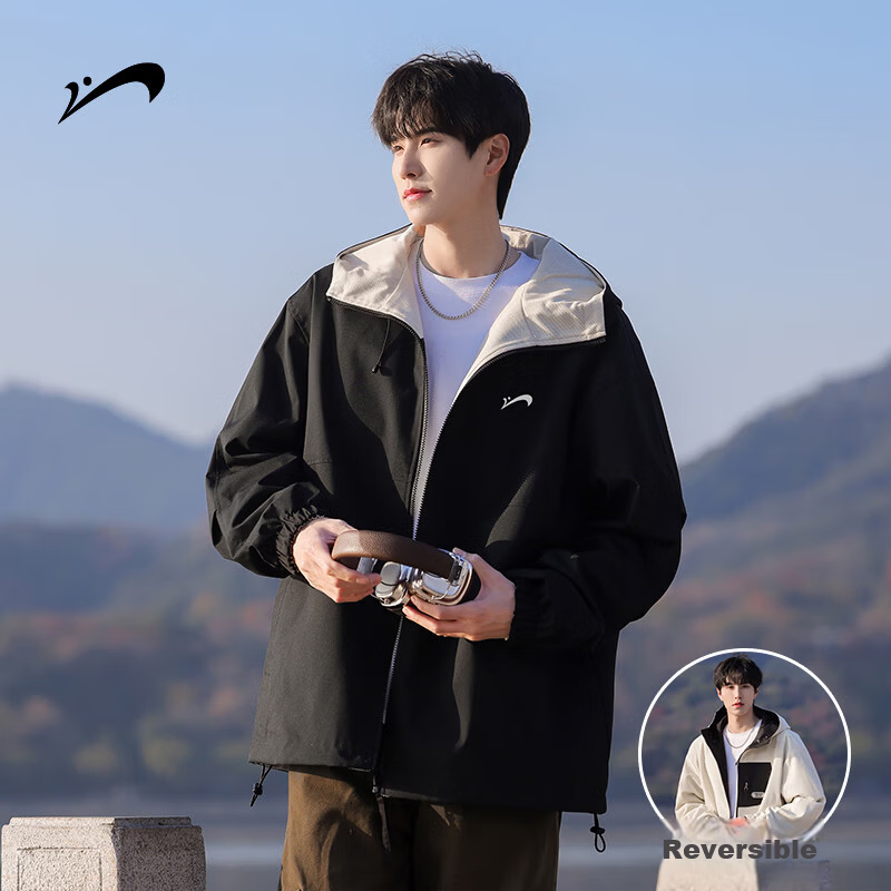 Guirenniao Reversible Jacket Men Spring Autumn New American Workwear Hooded Jacket Men Clothing Yao Ye Black S