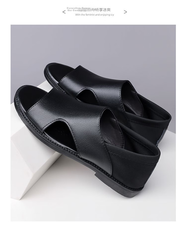 Jingzhenlianggong Men's Summer Sandals Dual-use Slippers Non-slip Soft Sole Beach Shoes Black [Leather Texture] Size 38 14
