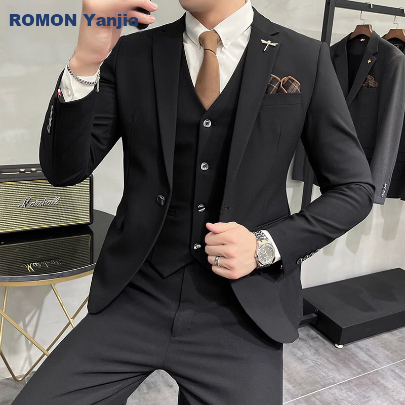 ROMON Men's Business Suit Set Blazer + Vest + Trousers Wedding Formal Jacket Black 3XL
