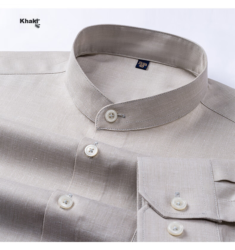 FIRS Linen & Tencel Men's Long Sleeve Shirt Breathable Easy Care Cotton Linen Stand Collar Shirt Gray 40 10