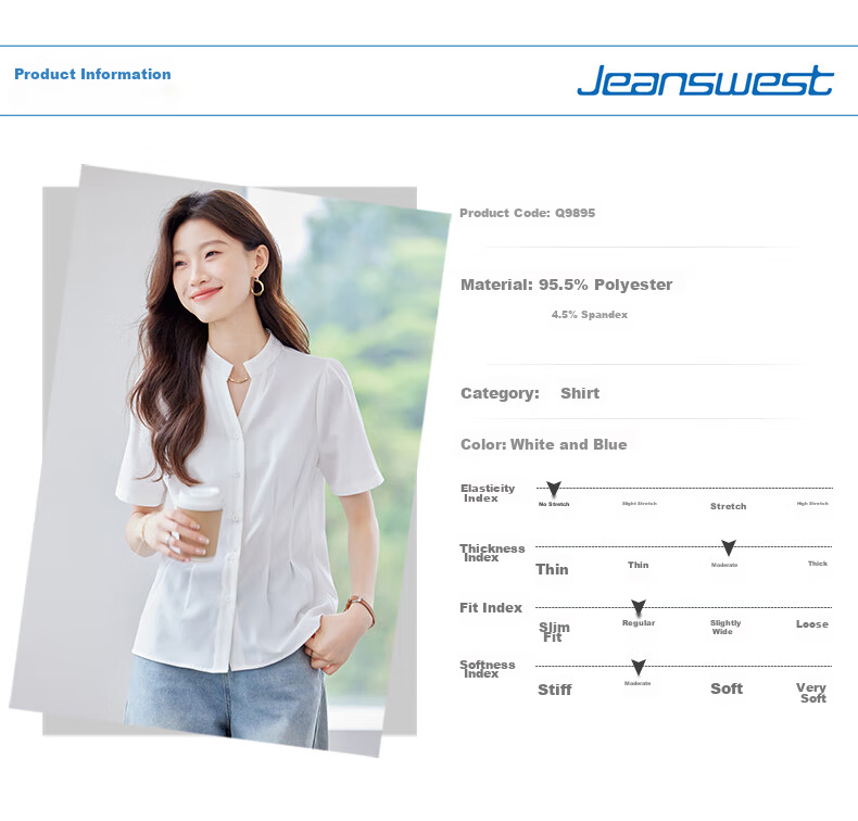 JEANSWEST Women's Short Sleeve Shirt 2025 Summer New High-End Commuter Versatile V-Neck Top White M 3