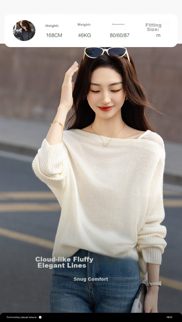 Demana Bare-Feel Lyocell Autumn Goat Cashmere Wool Spliced Lace Off-Shoulder Asymmetric Neck Knit Sweater for Women 9
