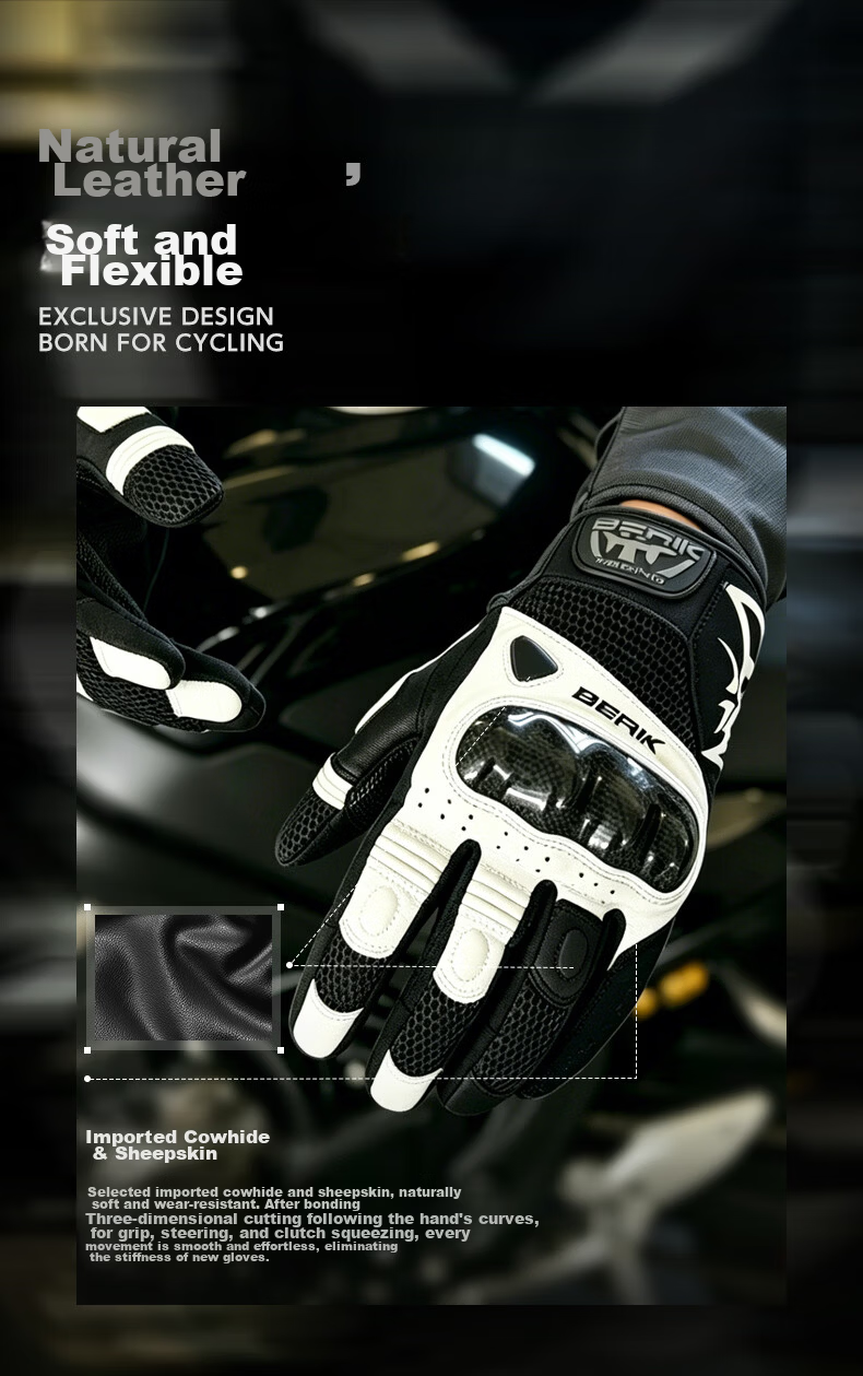 BERIK Big Eye Motorcycle Riding Gloves Summer Breathable Genuine Leather Carbon Fiber Touchscreen Shamo Black White L 3
