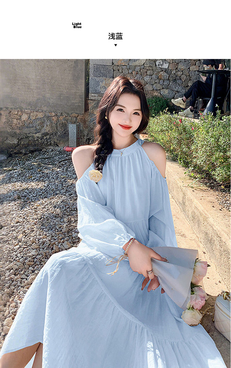 Mt Lightweight Holiday Series Spring Fresh Halter Neck Round Collar Off-Shoulder Lantern Sleeve Chiffon A-Line Women's Dress 8