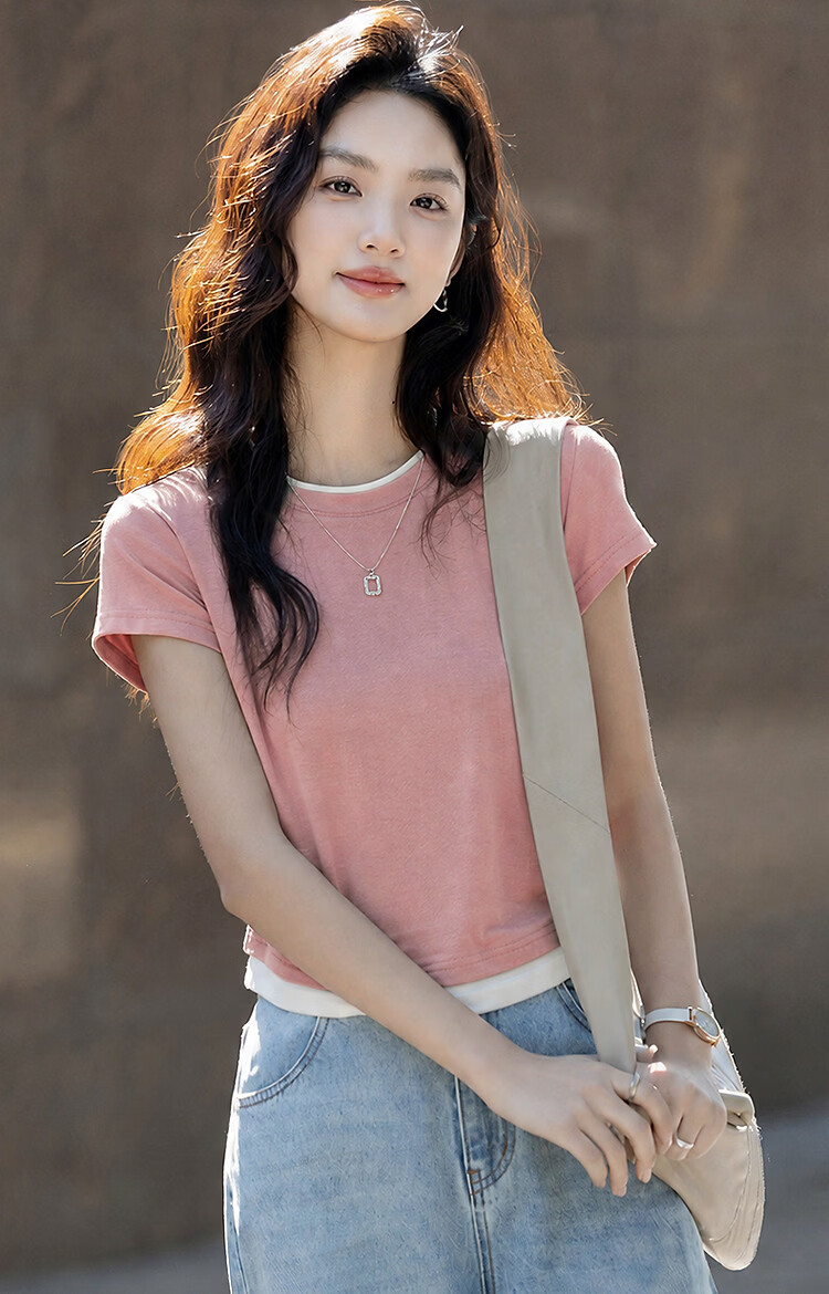 Demana [with Lyocell] Summer Elegant Colorblock Crew Neck Short Sleeve Slim Fit T-Shirt for Petite Women 32
