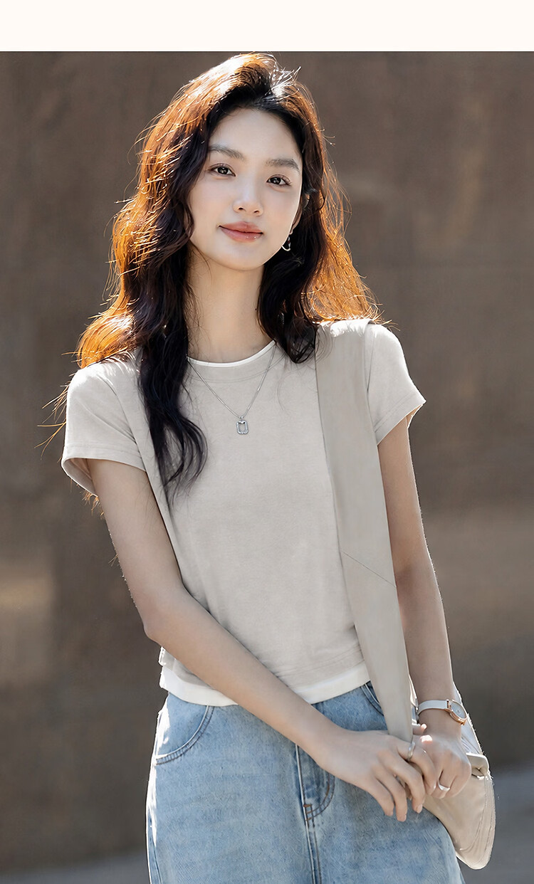 Demana [with Lyocell] Summer Elegant Colorblock Crew Neck Short Sleeve Slim Fit T-Shirt for Petite Women 27
