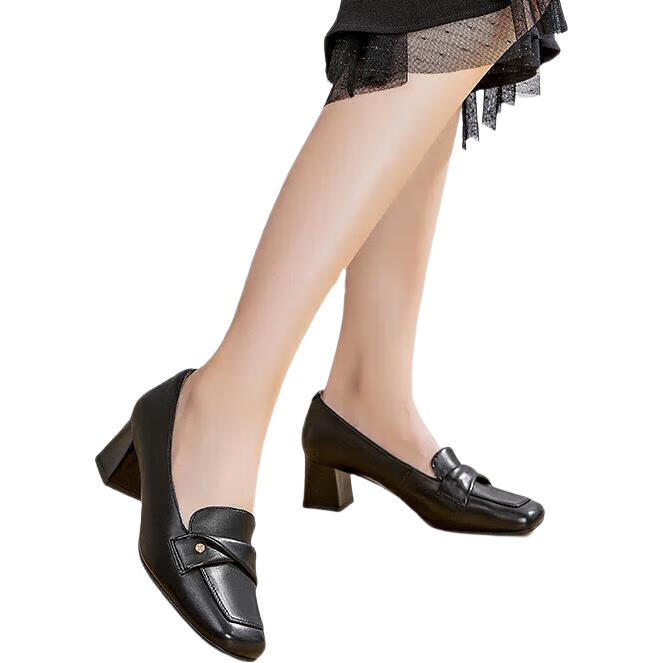 Goldlion Women's Shoes, French Square-Toe Loafers, High Heels, Sheepskin Chunky Heel, Commuter Pumps, G613420141, Black, Size 38