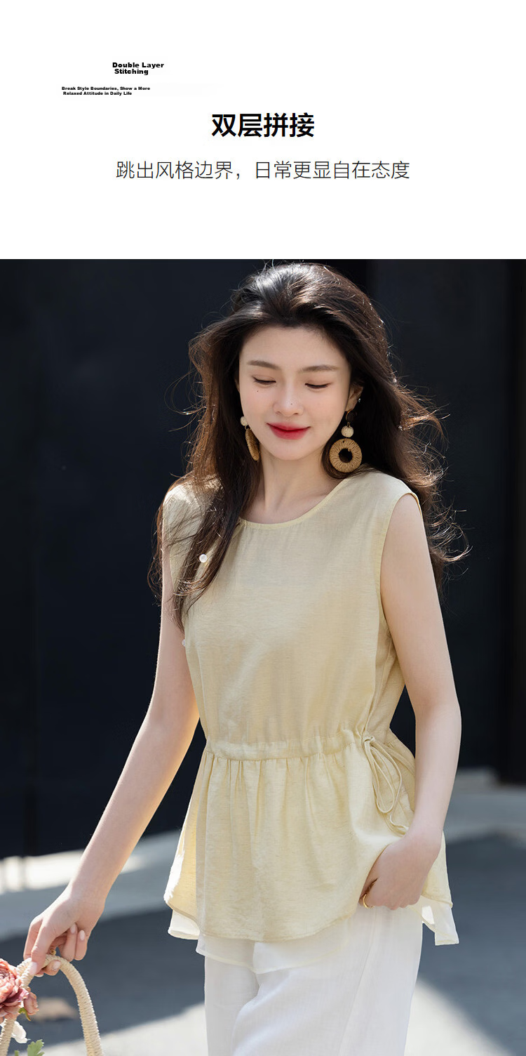 Demana [With Linen] Summer National Style New Chinese Round Neck Asymmetric Double-Layer Spliced A-Line Slimming Shirt for Women Premium Feel 7